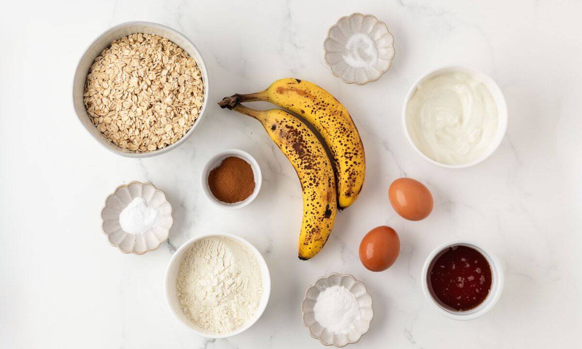 overhead view of the healthy ingredients needed to make banana oat muffins