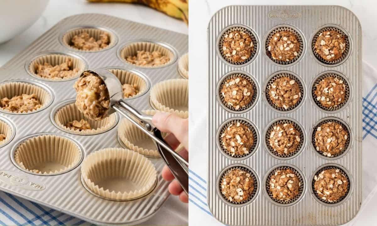 side by side steps of scooping banana oat muffin batter into lined baking tray on left and finished baked muffins on the right