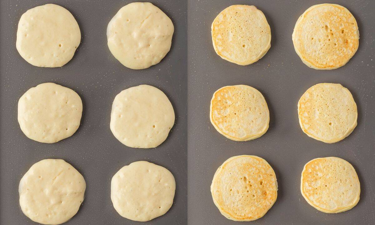 cooking lemon pancakes on a griddle. on left, first side of pancakes, on the right, after flipping