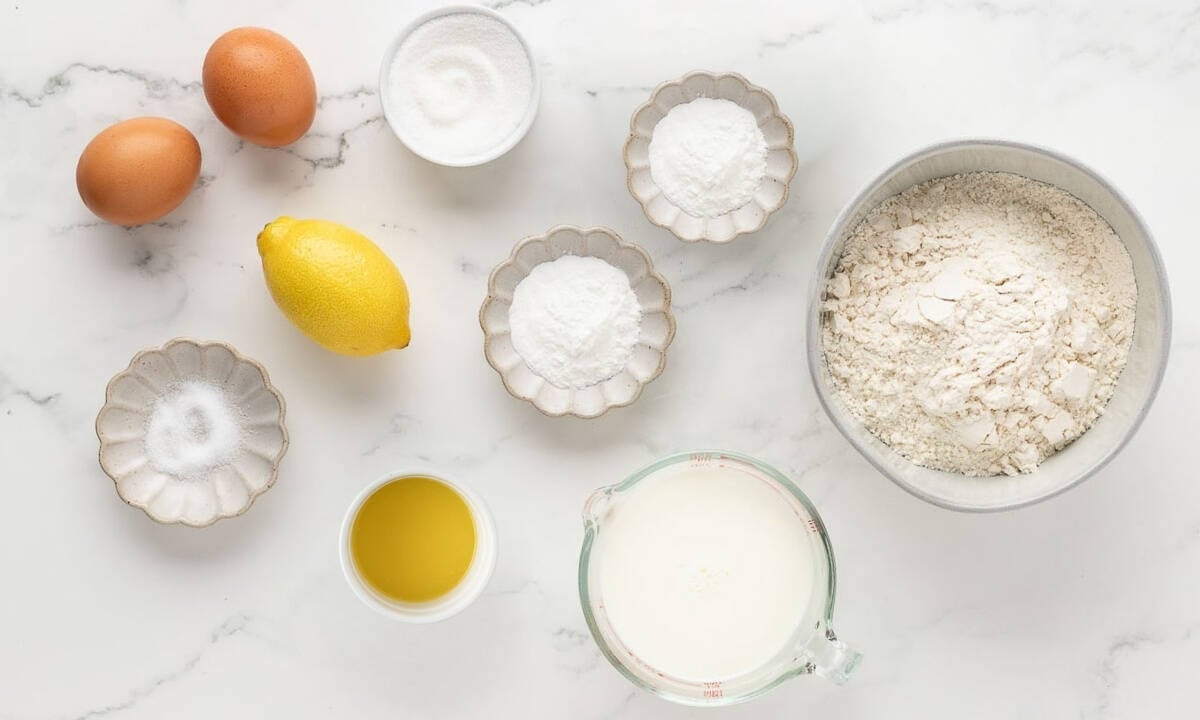 overhead view of ingredients needed to make lemon pancakes