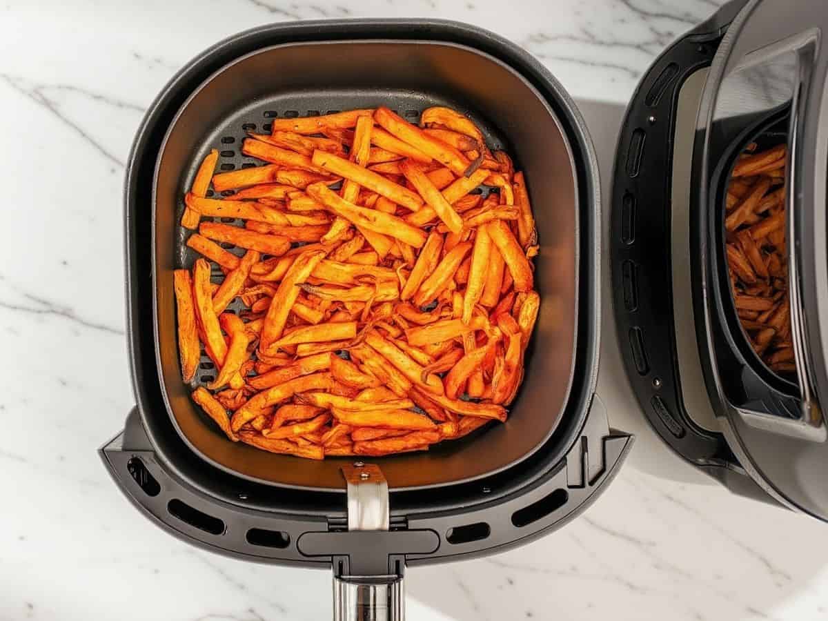 overhead view cooked sweet potato fries in the air fryer