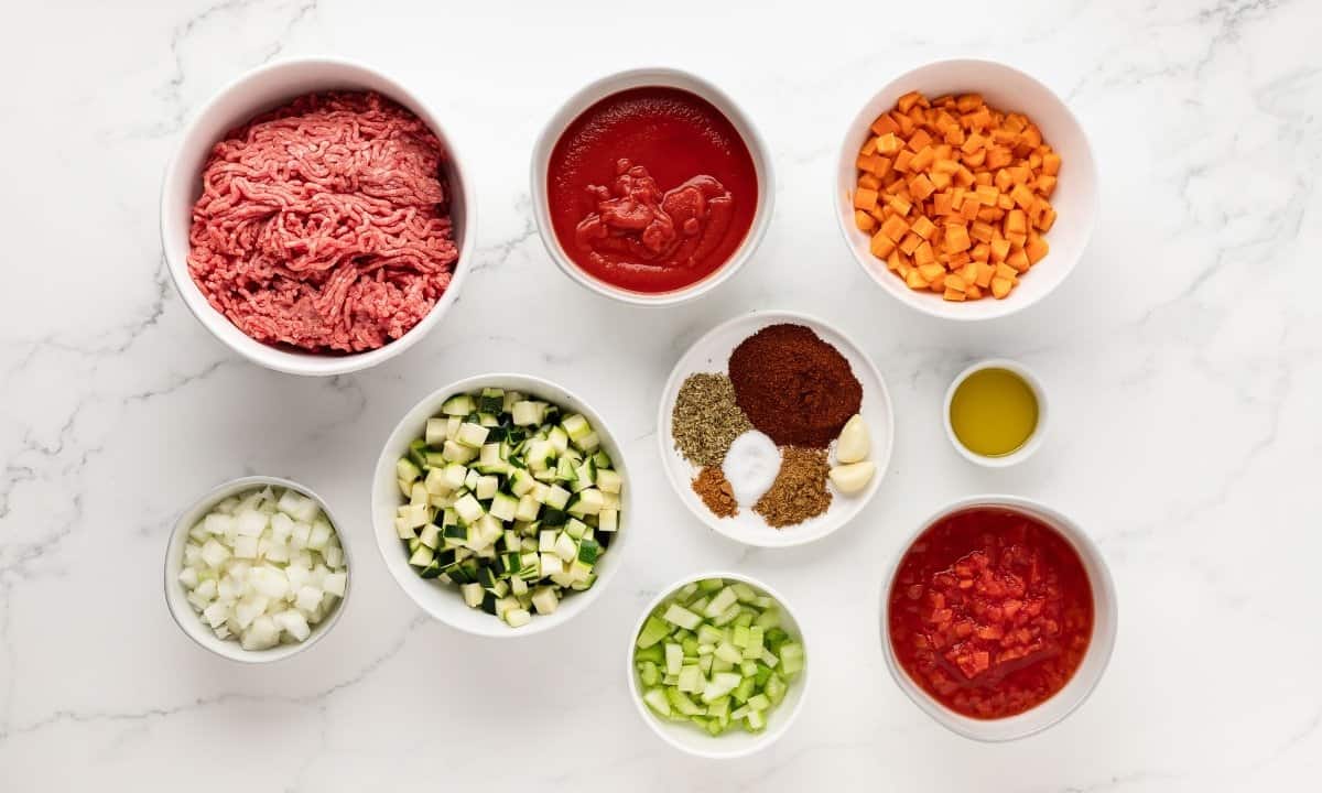 overhead view of ingredients needed to make chili with vegetables recipe