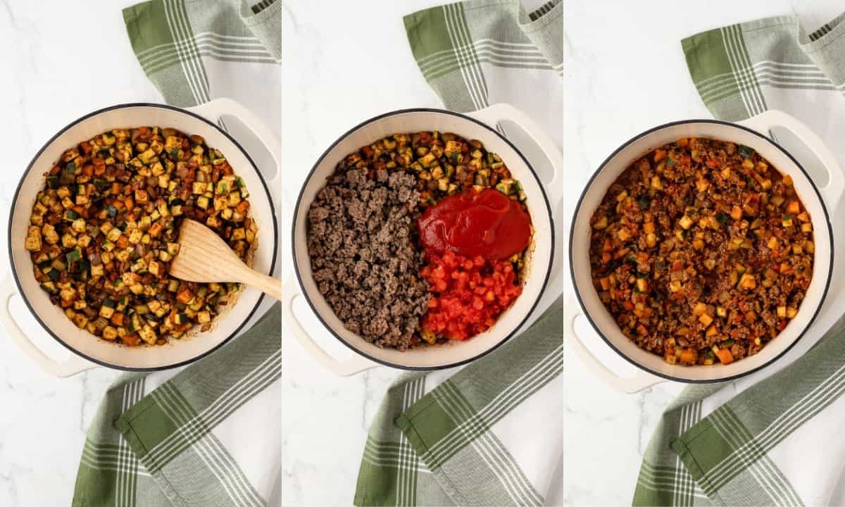 overhead view of 3 image collage for how to make chili with vegetables. on left is sauteeing vegetables, in middle adding meat and tomatoes to pot, and on right cooking down chili