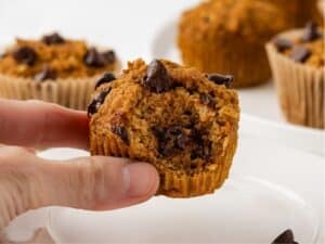 hand holding a pumpkin chocolate chip muffin with one top bite missing to show soft and delicious texture