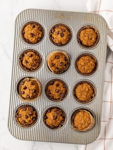 overhead view of pumpkin chocolate chip muffins in a baking pan freshly baked out of the oven