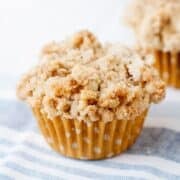 front view of a pumpkin coffee cake muffin with a cinnamon crumble topping