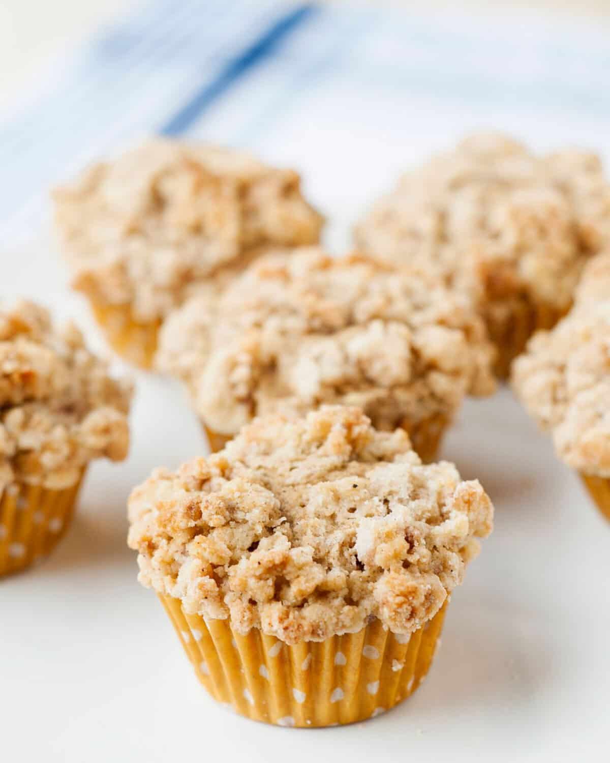 looking into a group of pumpkin coffee cake muffins with a cinnamon crumble topping