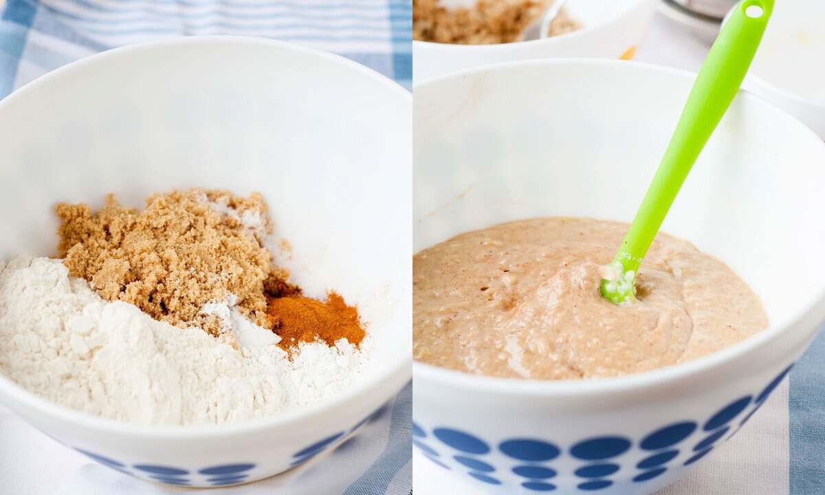 two image collage. on left, the dry ingredients to make cumb muffins and on the right, the wet ingredient mixture with the pumpkin