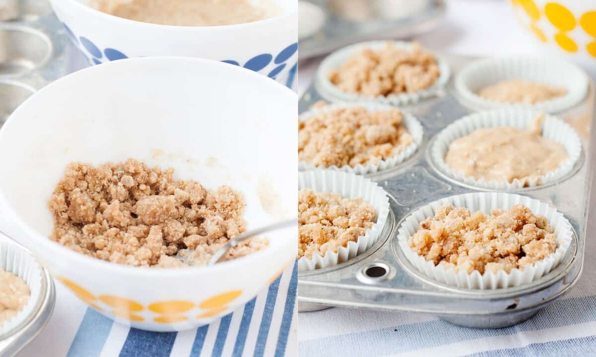 on left, the cinnamon crumb topping for the pumpkin muffins in the baking pan on the right (two image collage)
