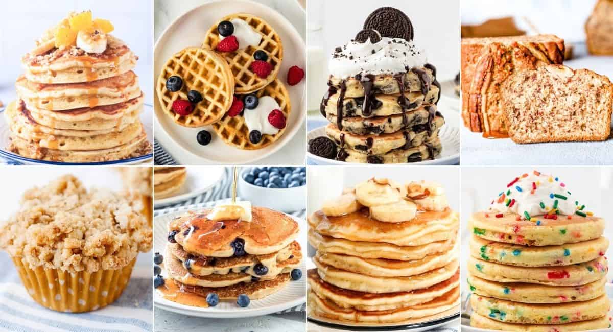 8 image collage with recipes that can be made with pancake mix including waffles, pancakes, banana bread, and muffins