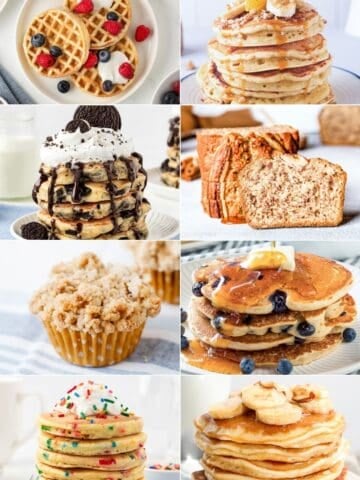 8 image collage with recipes that can be made with pancake mix including waffles, pancakes, banana bread, and muffins