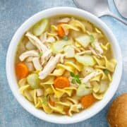 overhead view of a bowl of chicken noodle soup