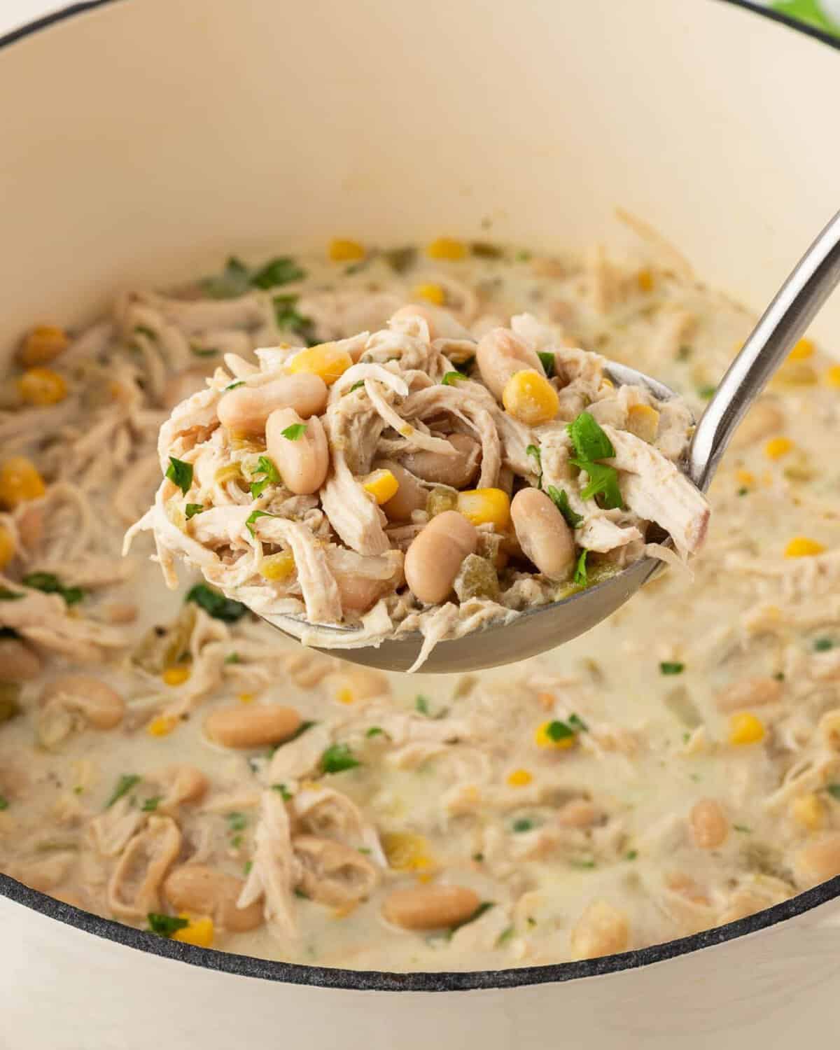 A ladle lifts a scoop of creamy white chicken chili from a large white pot