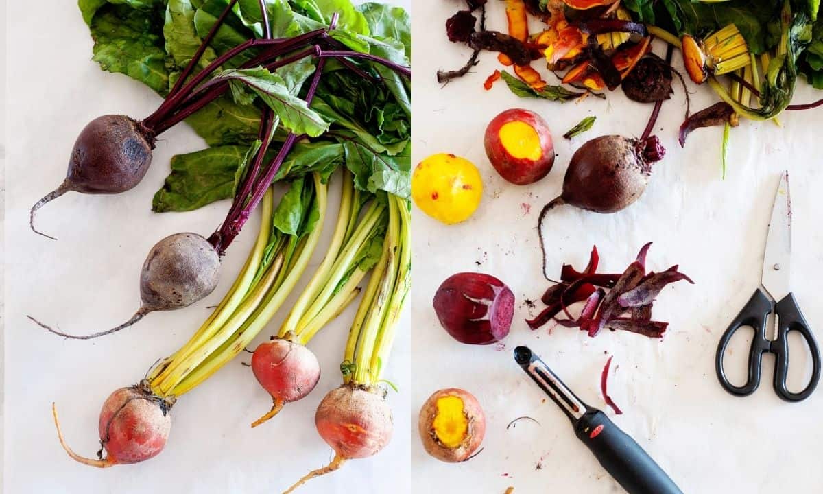 chopping and peeling fresh beets for roasting