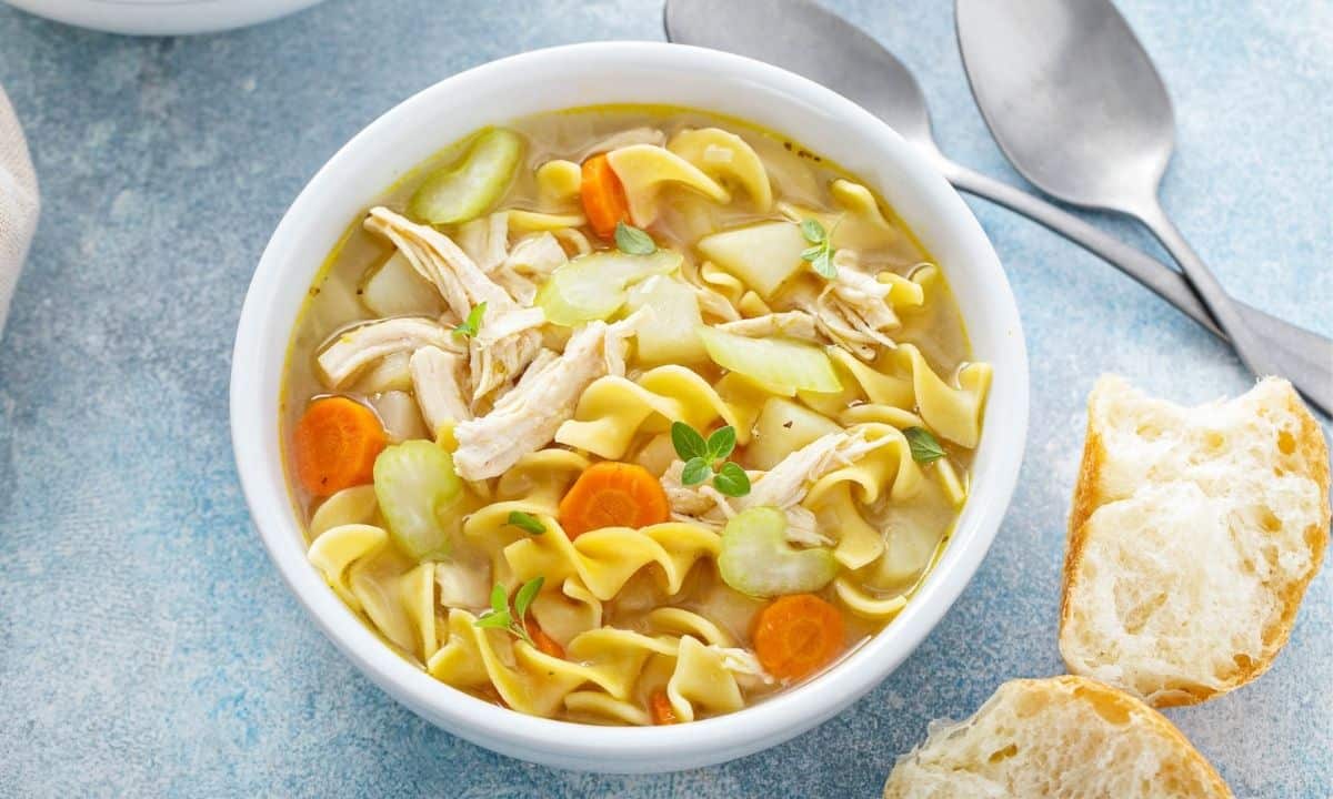 a bowl of chicken noodle soup