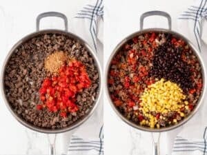 left: skillet with cooked ground beef, tomato and seasonings; right: same skillet, with beans and corn kernels