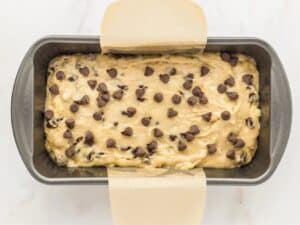 overhead view of the batter in the pan ready to bake
