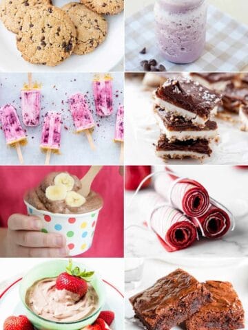 collage of healthy dessert recipes. from chocolate bars to ice cream to popsicles and dip and fruit roll up.