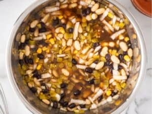 overhead view of beans, broth, veggies, and raw chicken inside the instant pot before cooking