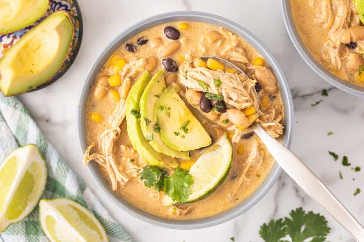 overhead view of a creamy bowl of white chicken chili