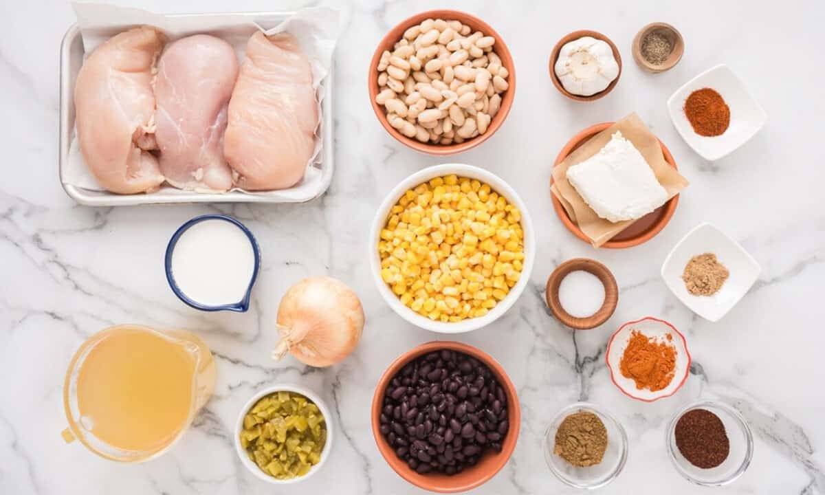 overhead view of ingredients needed to make white chicken chili