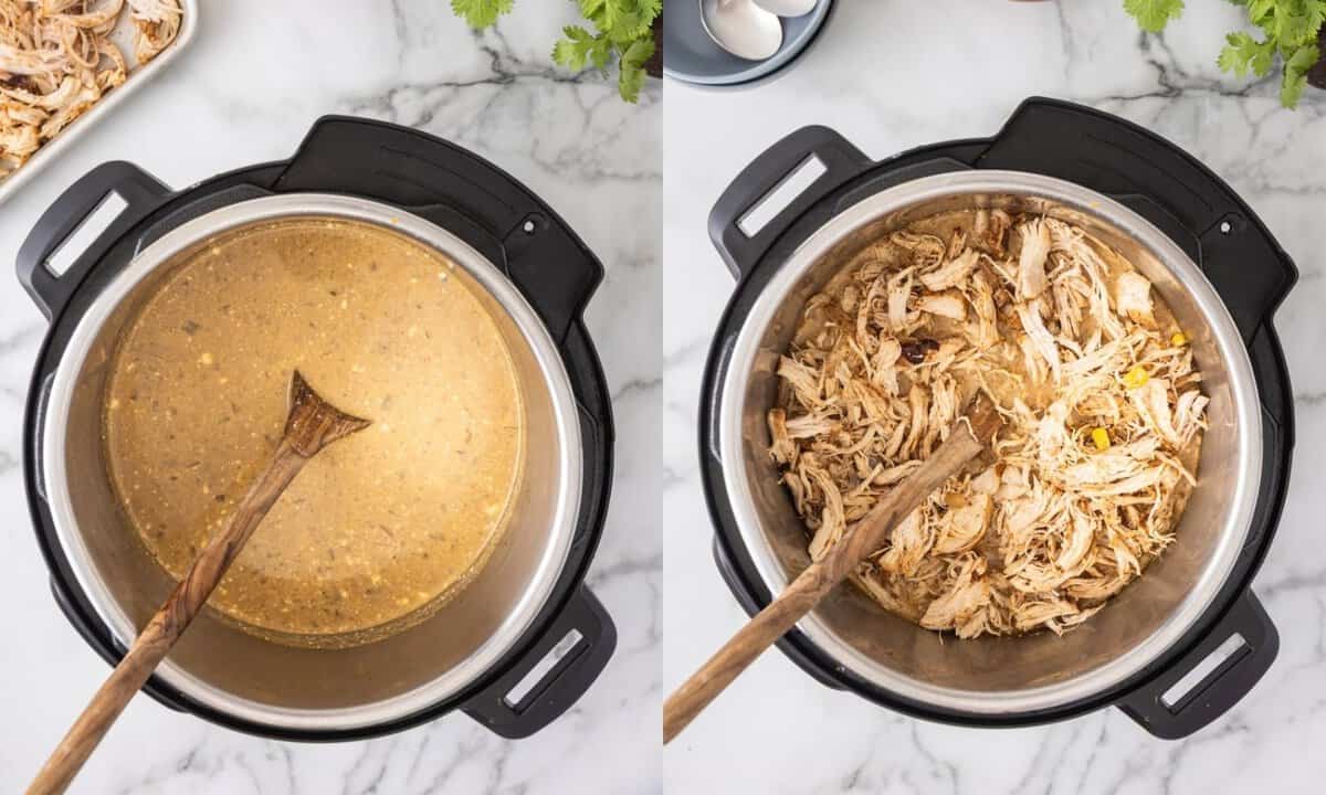 mixing the creamy ingredients on left image and then adding the chicken back into the instant pot