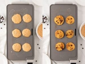 left: six pancakes being cooked in a griddle; right: the same pancakes flipped