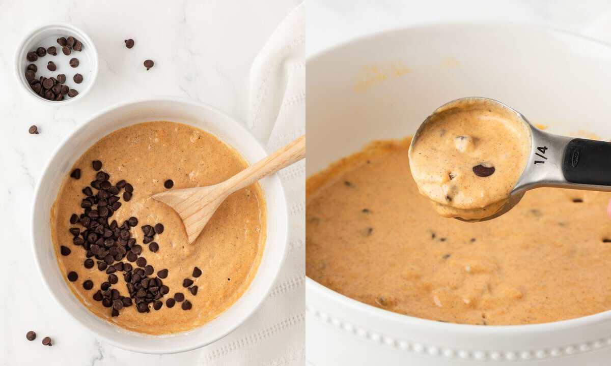 left: a bowl of pumpkin pancake batter with chocolate chips on top; right: a spoon showing the consistency of the batter