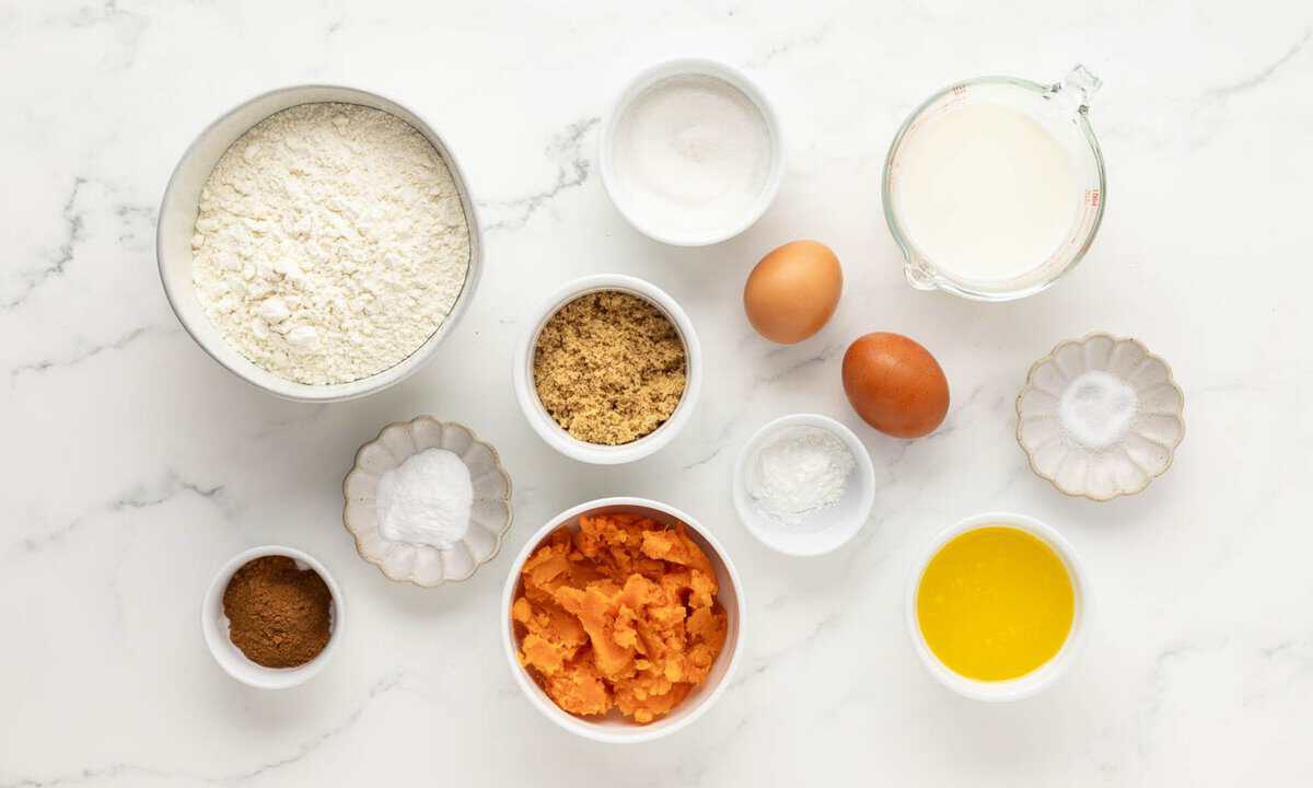 overhead view of ingredients for a sweet potato muffin recipe