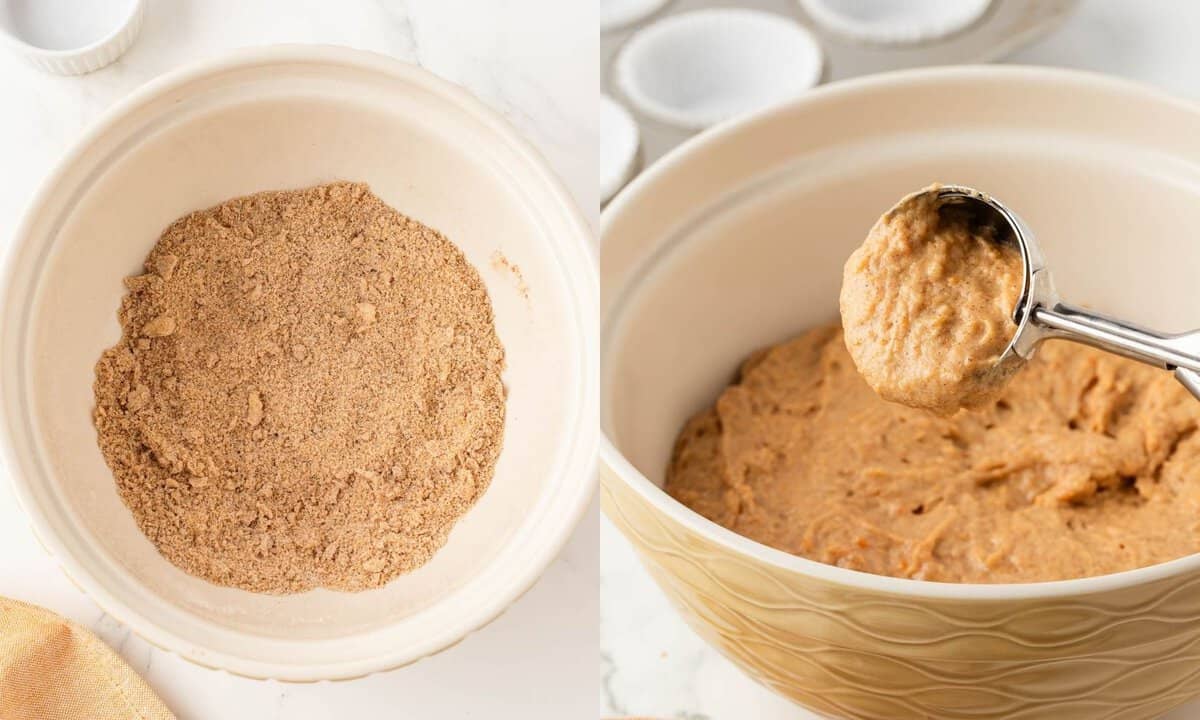 side by side image of the batter in a bowl and a close up of the batter on the right in a scoop to show texture