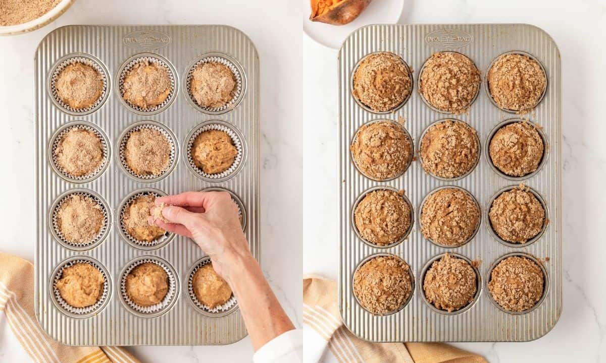 side by side images. on left is sprinkling brown sugar over the muffins before baking in the pan and on the right are the finished baked muffins