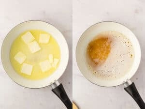two image collage of browning butter. on left, melting the butter on the right shows what it looks like browned