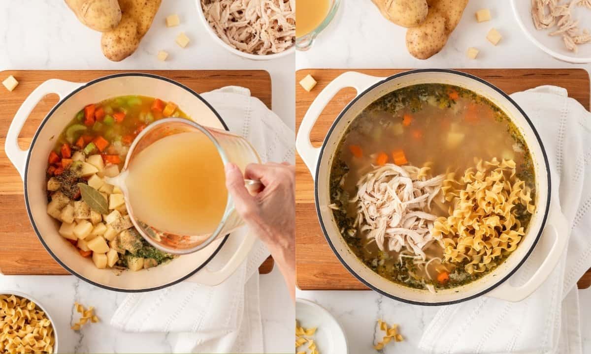 side by side image showing the steps of making chicken noodle soup with potatoes where the image on the left is adding the potatoes first then after cooking a while the image on the right adds the noodles
