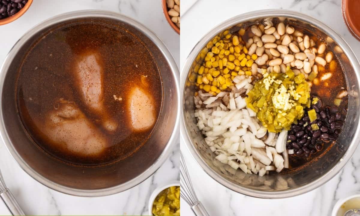 2 image collage. on right: adding raw chicken breasts into the instant pot with broth and seasonings and on left: adding beans and veggies on top (before cooking)